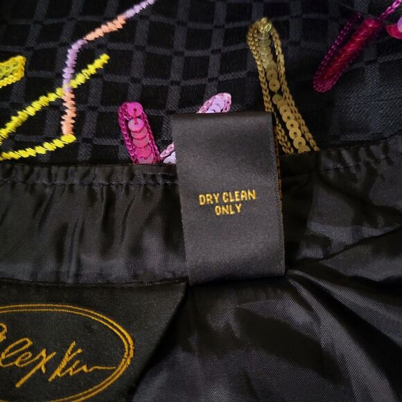 Black Jacket Bright Floral Accents Glass Buttons M Sequined Embroidered Alex Kim - Picture 9 of 11